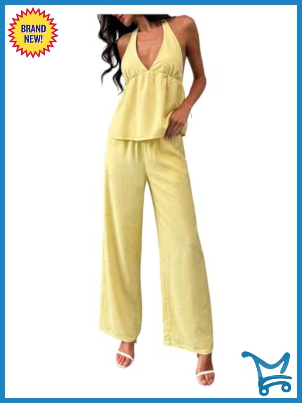 2 Piece Halter Top & Wide Leg Pants Set Sleeveless Pull On